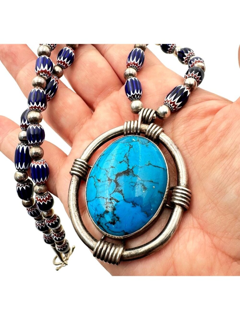 Native American Sterling Silver Turquoise Pendant Chevron Trade Beads Signed J